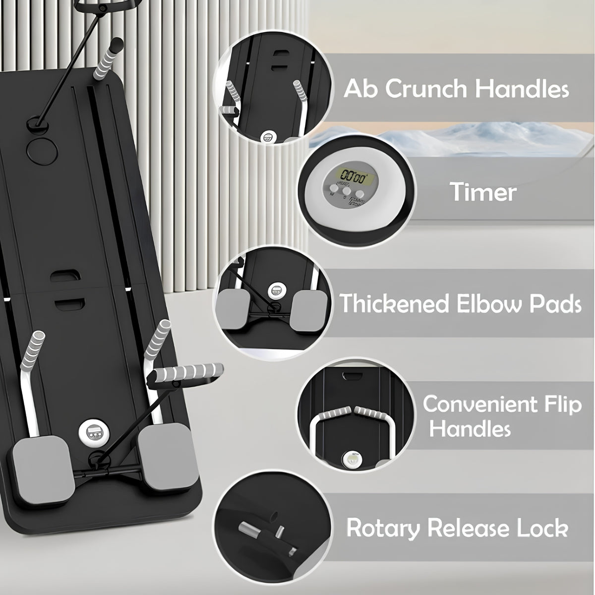 Black adjustable abdominal exercise Mini Pilates Reformer with callout circles highlighting ab crunch handles, a digital timer, thickened elbow pads, flip handles, and a rotary release lock, shown on a light gray background.
