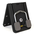 A black plastic fitness wall mount with a white and gray U-handle attachment, shown standing on a white background.