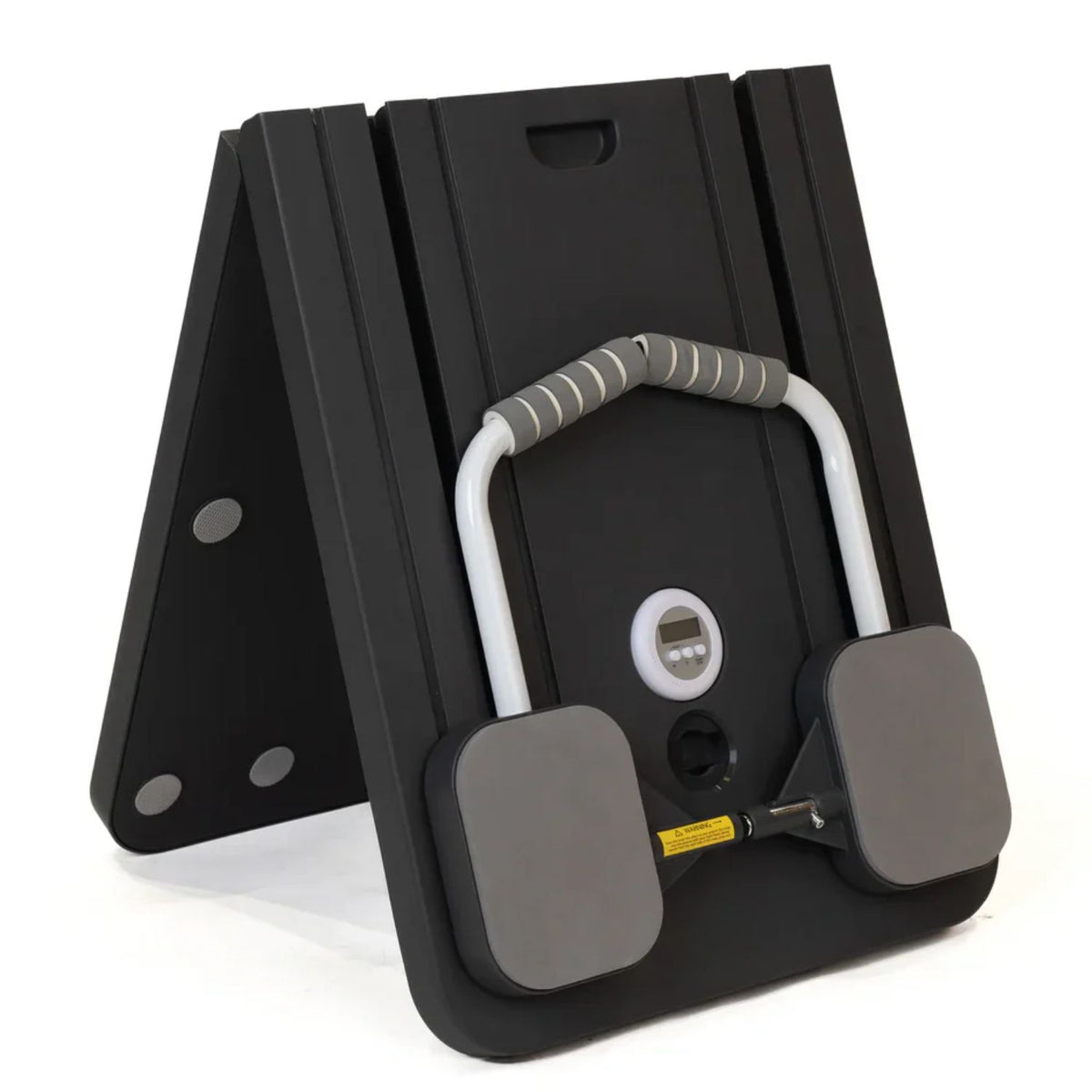 A black plastic fitness wall mount with a white and gray U-handle attachment, shown standing on a white background.
