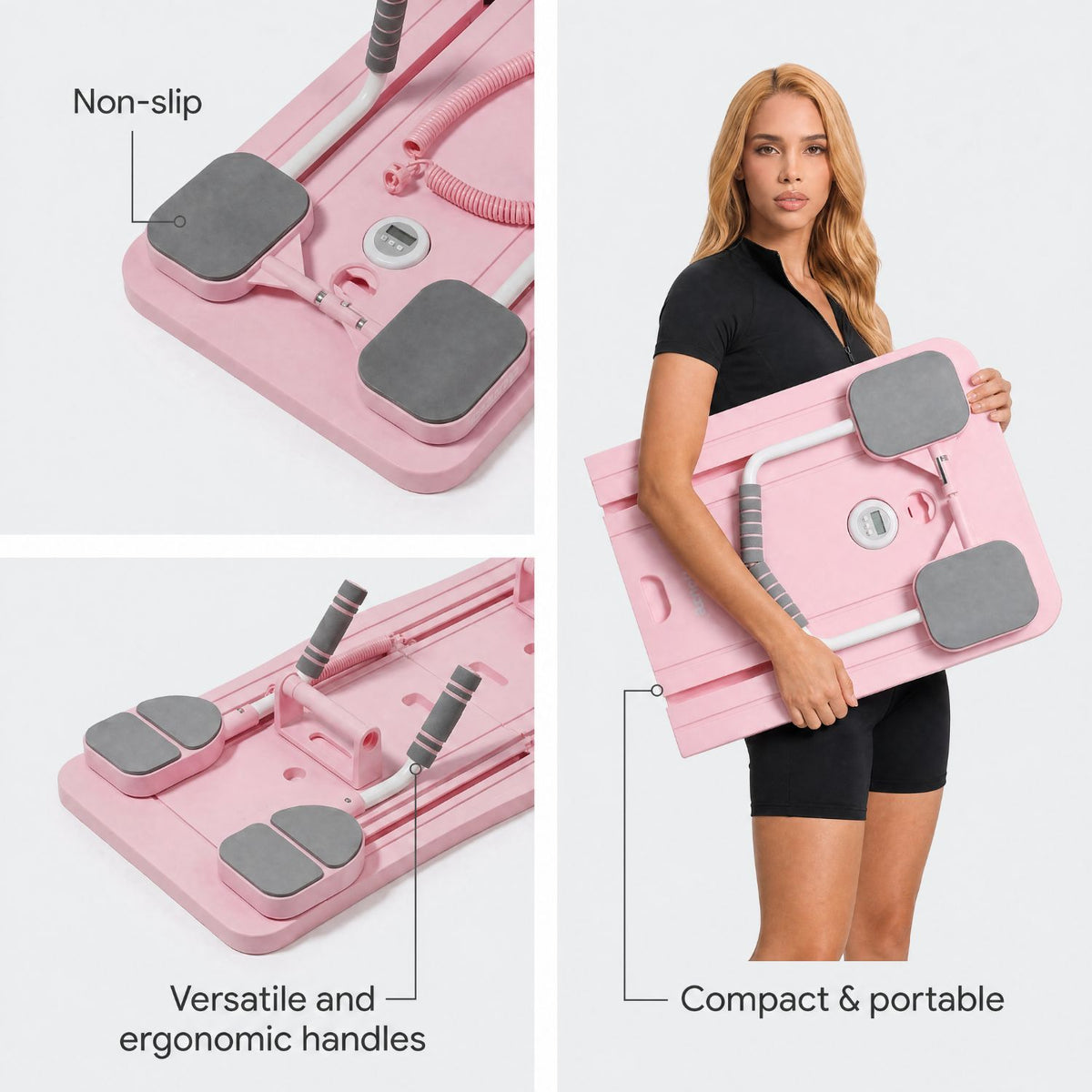 Pink portable Mini Pilates Reformer shown in three views: close-ups of the non-slip gray foot pads and ergonomic handles, and a woman holding the compact unit. Text highlights non-slip, versatile handles, and compact portability.