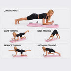 A fitness Mini Pilates Reformer exercise guide showing a woman in a black sports outfit performing five core training exercises on a pink mat against a light gray background: core training, glute training, back training, balance training, and abdominal training.