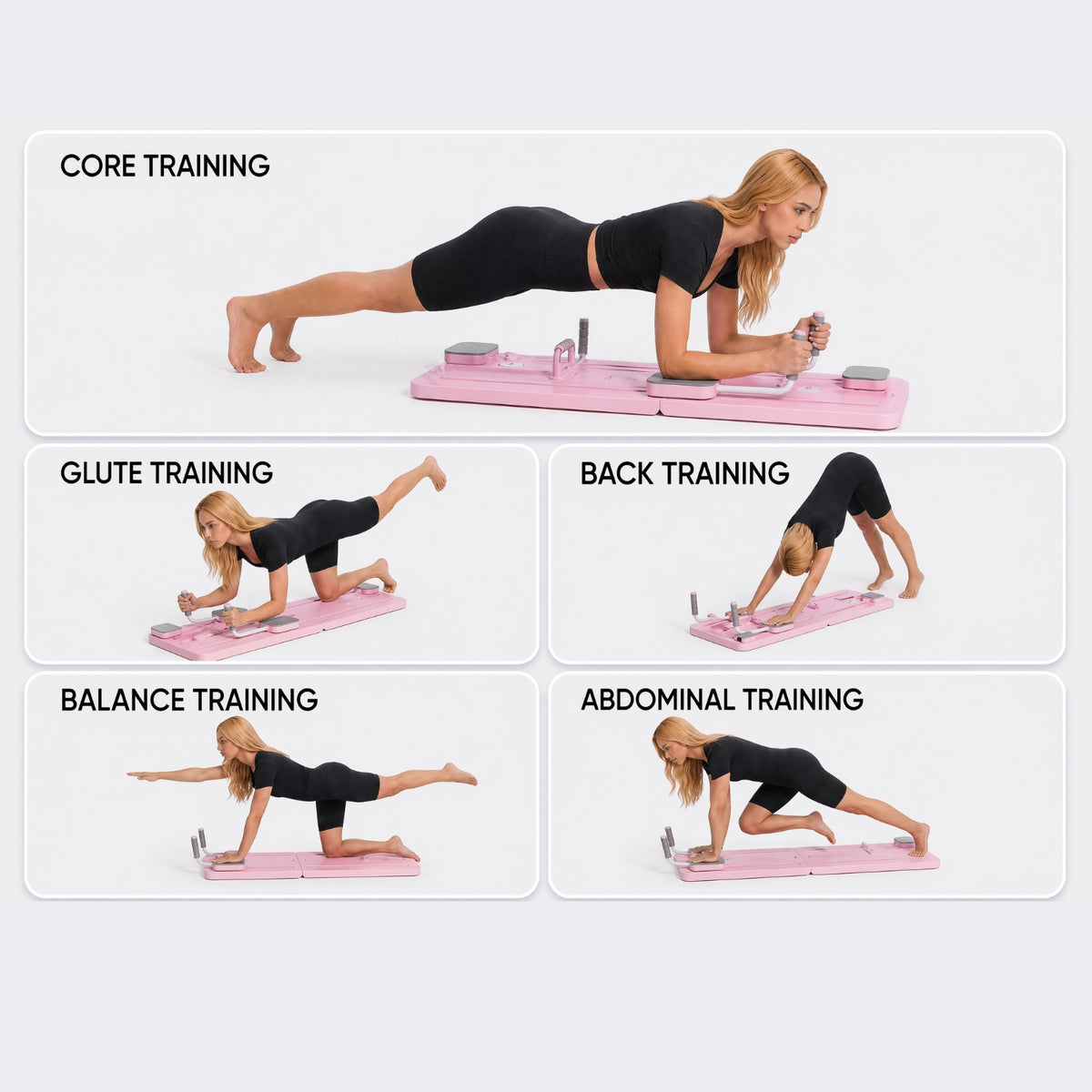 A fitness Mini Pilates Reformer exercise guide showing a woman in a black sports outfit performing five core training exercises on a pink mat against a light gray background: core training, glute training, back training, balance training, and abdominal training.