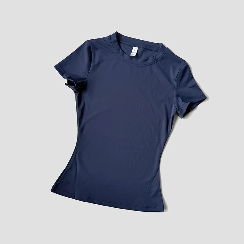 Navy blue t-shirt on a light gray background