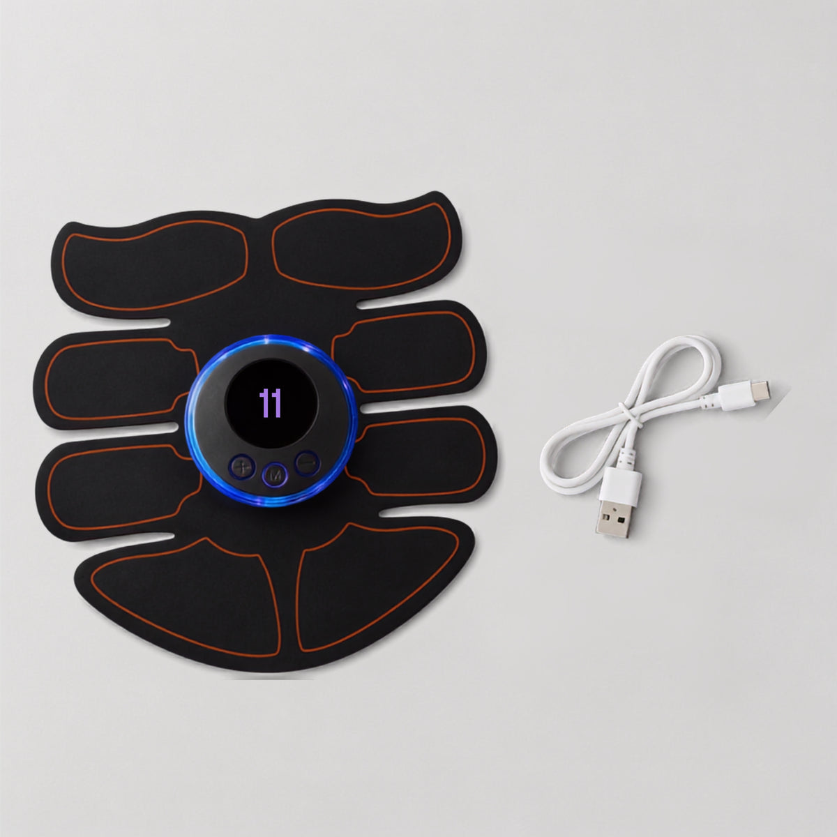 An electric muscle stimulator TENS unit pad with a central digital display and six black electrode strips outlined in orange, shown alongside a white USB charging cable on a light gray background.