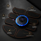 Black abdominal exercise muscle stimulator pad with a central digital control unit and glowing blue LED ring, shown on a dark background with callout icons and text describing features like 19 intensity levels, built-in atmosphere lamp, smart modes, and USB rechargeable.