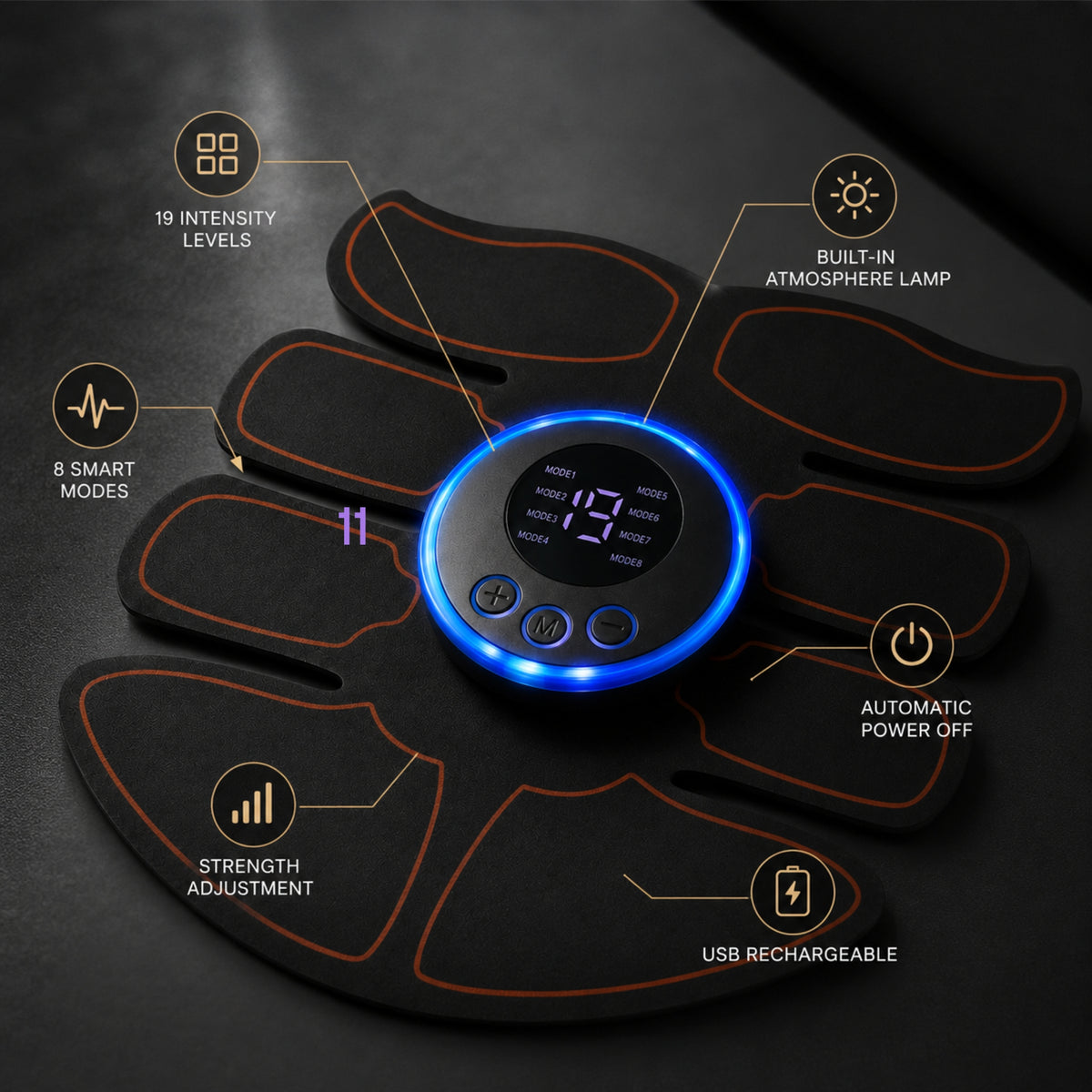 Black abdominal exercise muscle stimulator pad with a central digital control unit and glowing blue LED ring, shown on a dark background with callout icons and text describing features like 19 intensity levels, built-in atmosphere lamp, smart modes, and USB rechargeable.