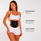 A woman modeling a black abdominal exercise device with a blue central button, shown against a light gray studio background with callout text describing features: high frequency, abs activation, and smart control.