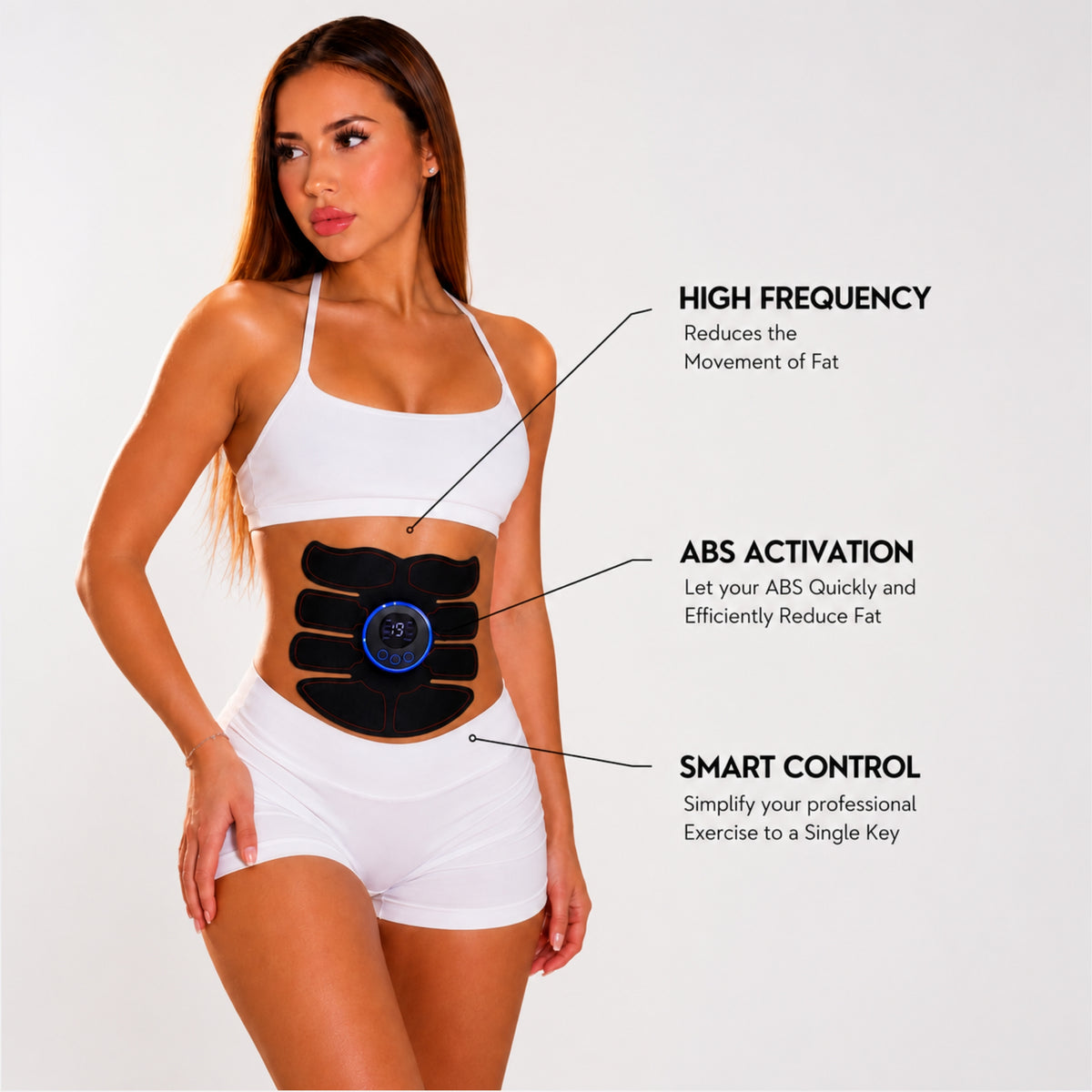 A woman modeling a black abdominal exercise device with a blue central button, shown against a light gray studio background with callout text describing features: high frequency, abs activation, and smart control.