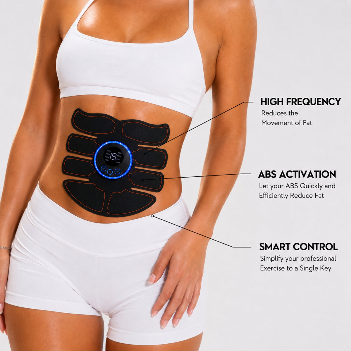 A woman wearing a white sports bra and shorts with a black abdominal exercise pad on her stomach. The pad has a blue digital display and is shown with callout lines and text explaining features like high frequency, abs activation, and smart control.