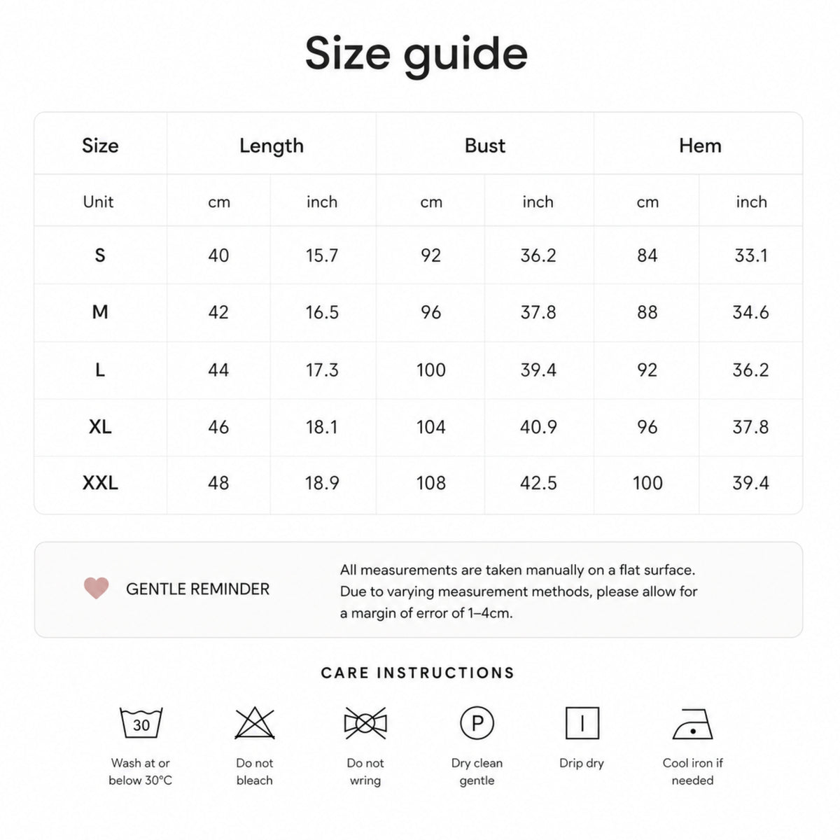 A size chart and care instructions table for a garment, showing sizes S through XXL with length, bust, and hem measurements in cm and inches, plus care icons and text.