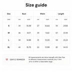 A size guide chart showing measurements for S, M, L, and XL sizes, with columns for bust, waist, and length in centimeters and inches, plus a gentle reminder note at the bottom.