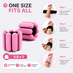 Pink and black adjustable wrist/ankle support wraps shown with marketing text and four step-by-step usage illustrations on a light gray background.
