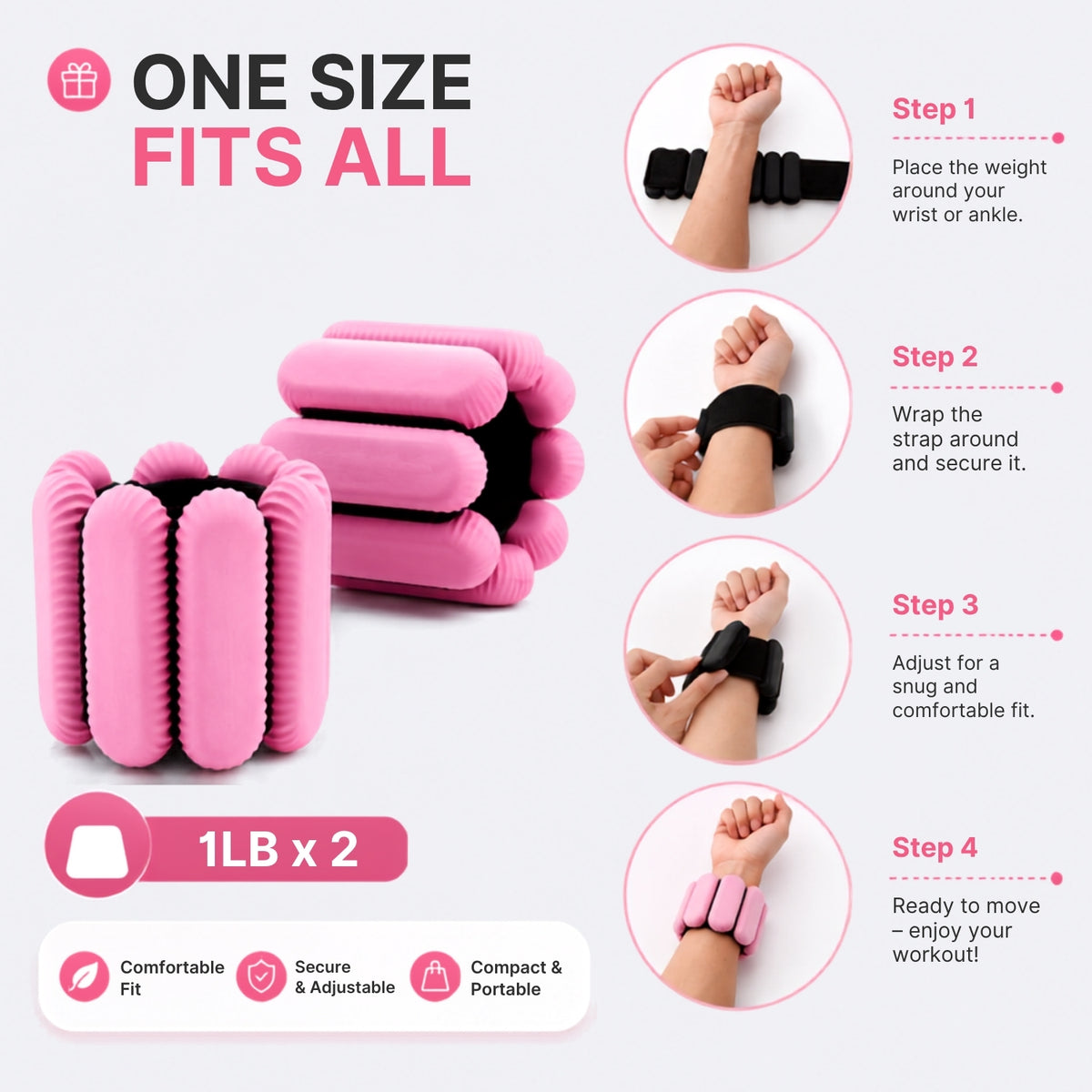 Pink and black adjustable wrist/ankle support wraps shown with marketing text and four step-by-step usage illustrations on a light gray background.