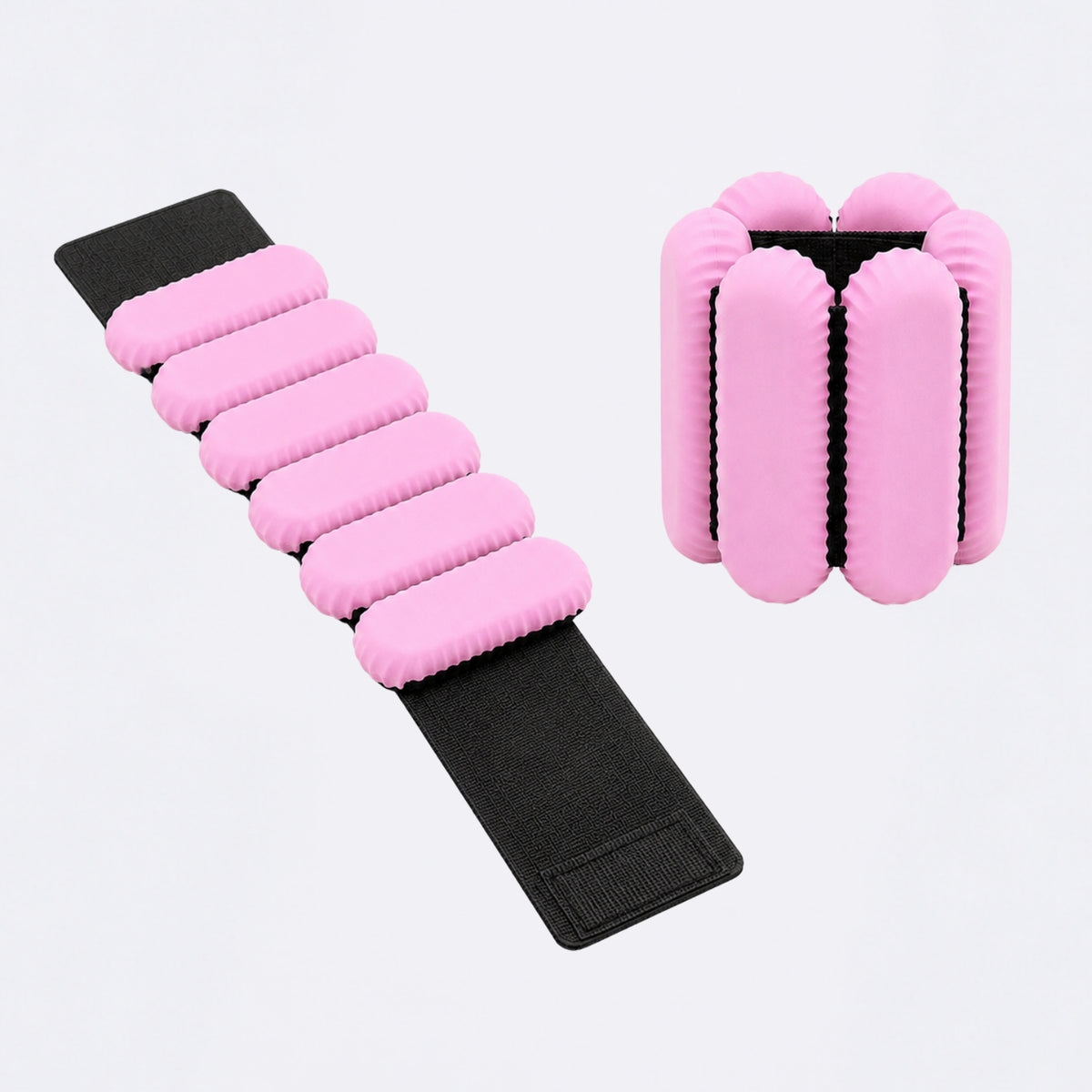 Pink and black foam resistance bands for exercise, shown in two configurations: one flat with eight curved pink foam segments attached to a black strap, and one standing upright showing the circular foam bands connected side-by-side.