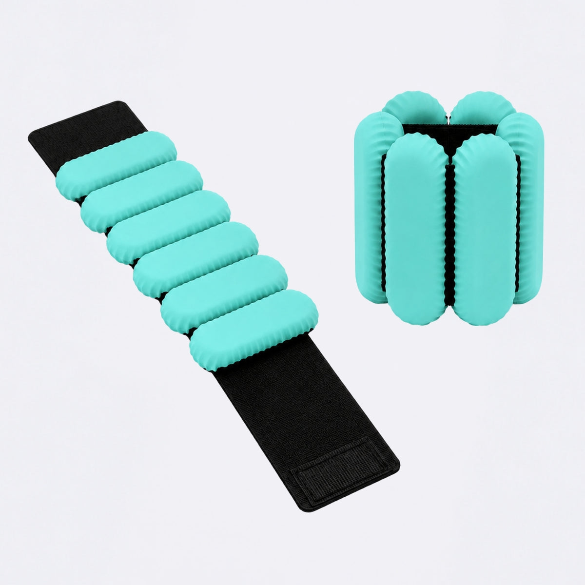 A pair of aqua foam resistance bands with black elastic straps, shown on a clean light gray background.