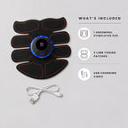 An abdominal stimulator muscle trainer set on a light gray background, featuring a black multi-attachment pad with orange borders, a central blue-lit control unit, a white USB charging cable, and an included 'WHAT'S INCLUDED' text panel listing the components.