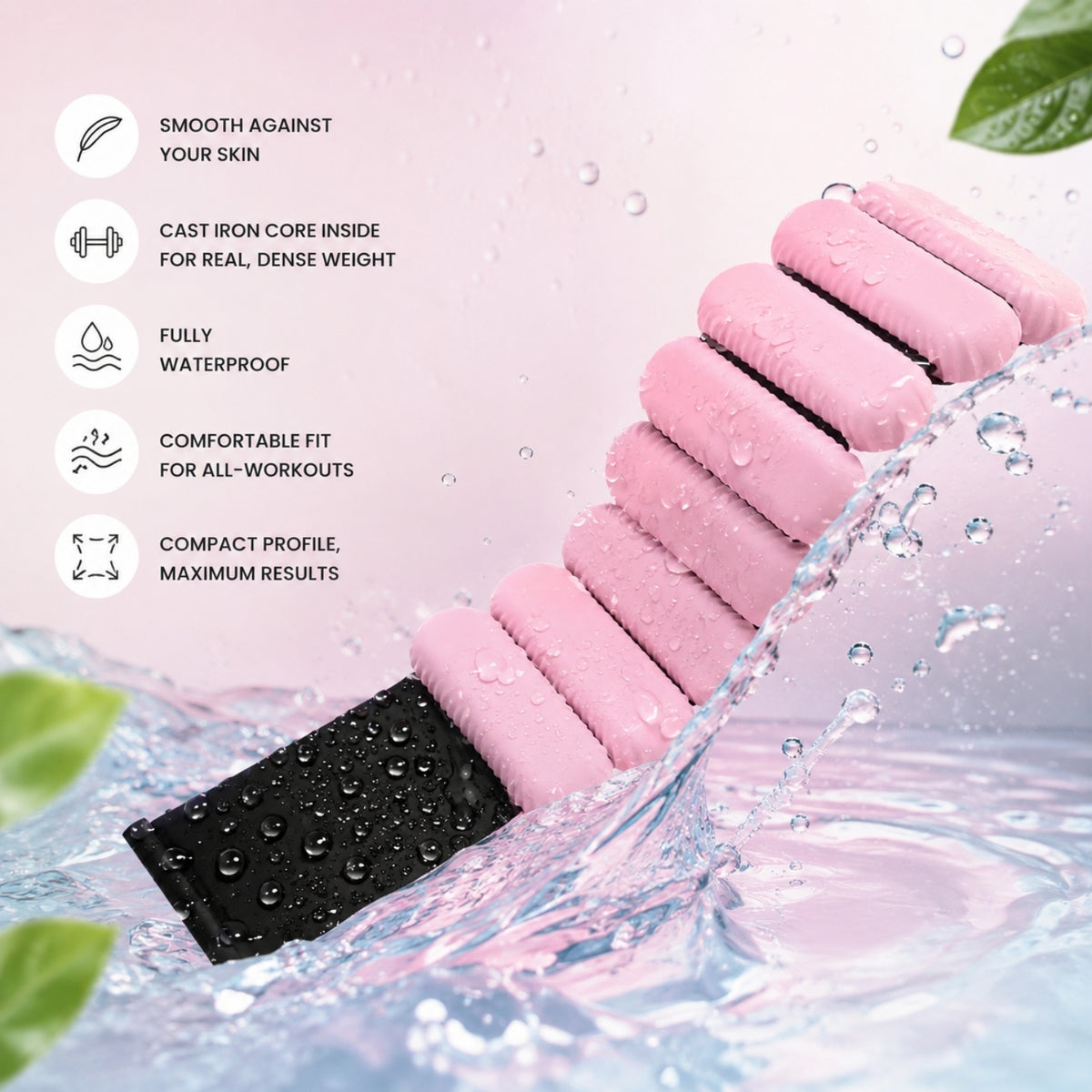 Pink and black foam roller exercise tool with water droplets, shown diagonally in a splash of water with feature callout icons on a light pink background.