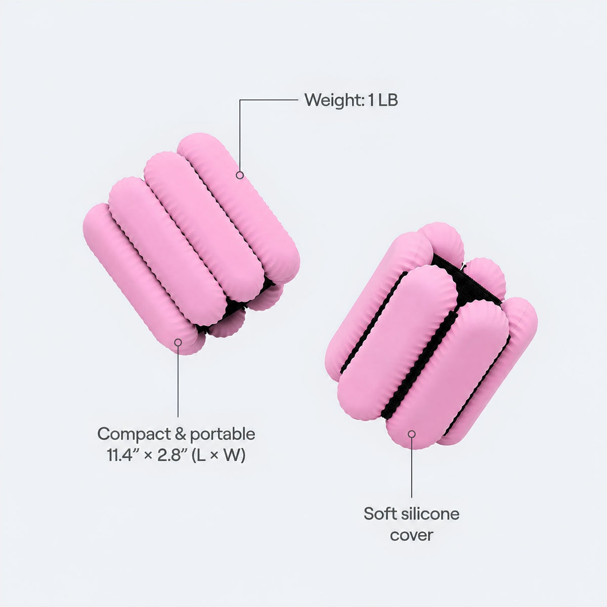 Two pink cylindrical silicone items shown on a light gray background with callout text indicating weight, compact size, and soft silicone cover.